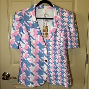 Pastel Houndstooth Short Sleeve Blazer - Pink, Blue & White